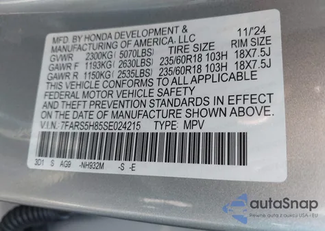 2025 Honda Cr-V Hybrid Sport-L from USA, damaged, VIN 7FARS5H85SE024215